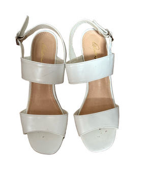 White Leather Two-Strap Block Heel Sandals